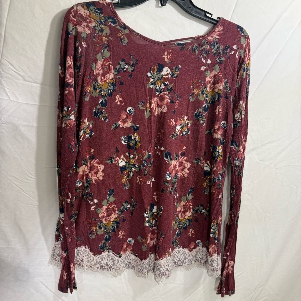 Rewind Burgundy Floral Lace Detail Knit Long Sleeve Criss Cross in Back, Size L